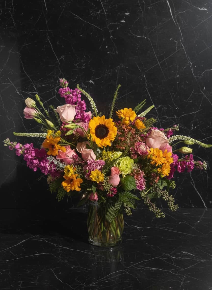 Flower arrangement photo with a clean digital backdrop